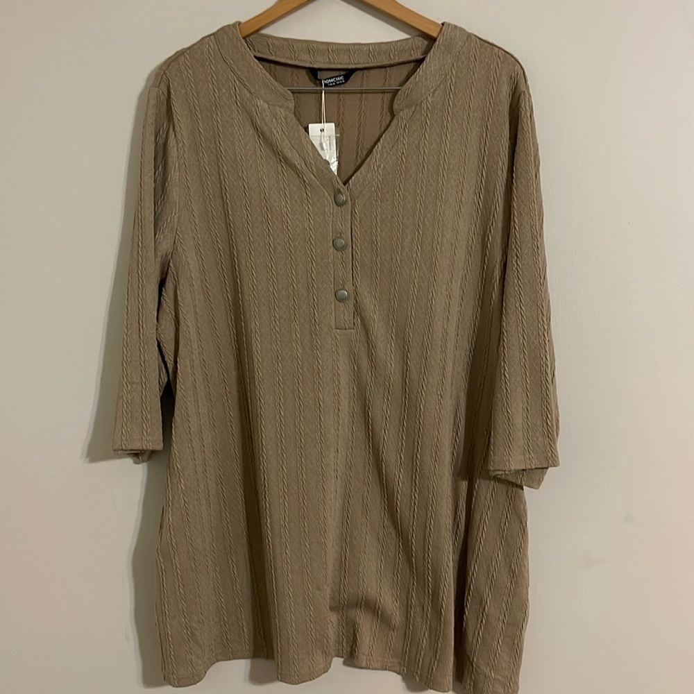 BloomChic Taupe Textured V-Neck Tunic with Button Placket
